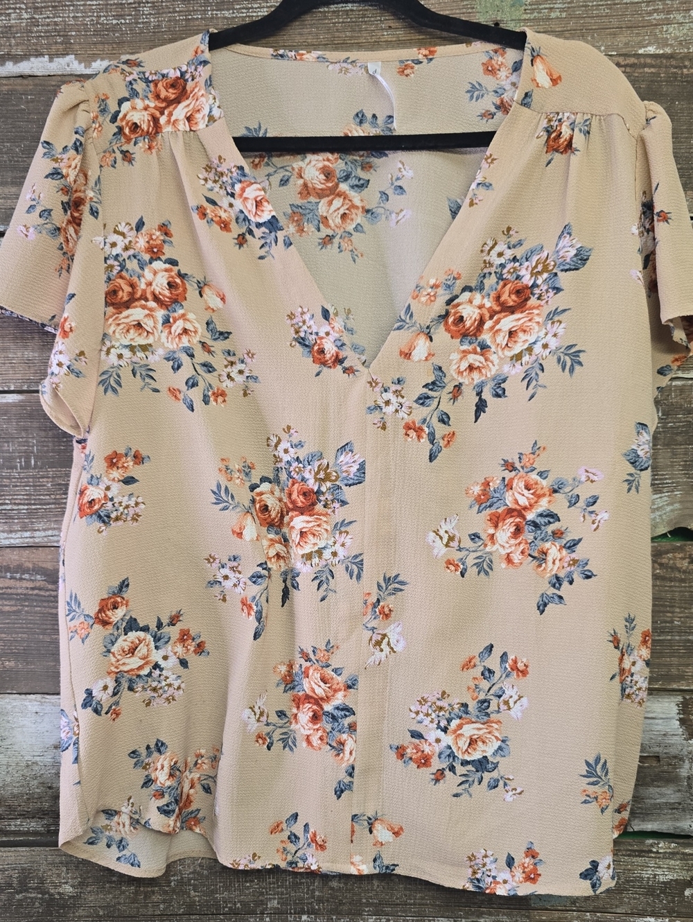 DNA Couture Floral V-Neck Short Sleeve Top - Beige Floral, Size 1X